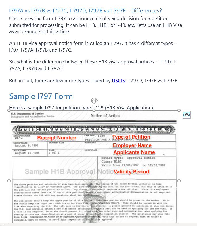 This image contains a brief description about different types of H1-B visa approval notcice formats and talks about how USCIS uses the I-797 from to announce the decision regarding a work petition submitted for processing. The image contains a picture of the I-797 form with some important fields highlighted.!